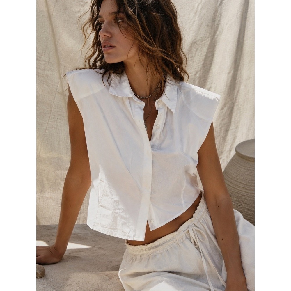 Zara White Padded Shoulder Sleeveless Button Down Crop Shirt XS 3666/154/250
